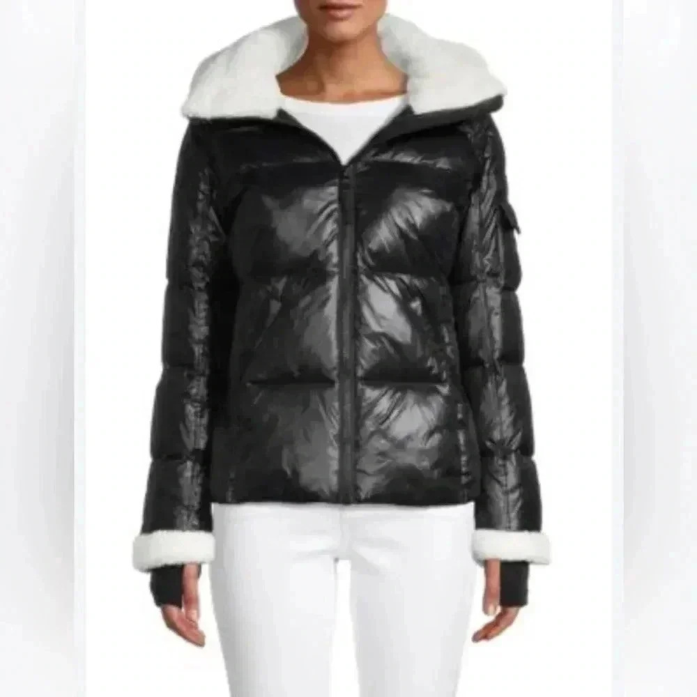 S13 Faux Shearling -Trim Down Filled Black Puffer Jacket Size Small
